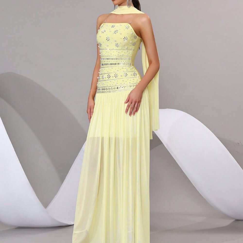 Yellow Chic Women's Strapless Rhinestone Maxi Dress - Picture 6 of 8